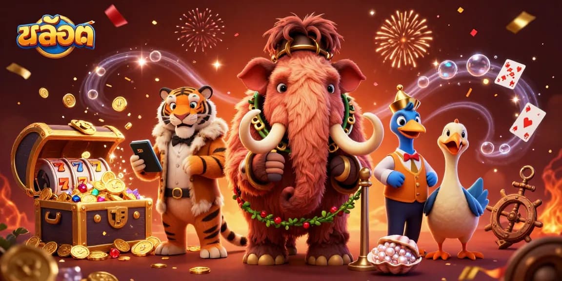 Play สล็อต with a vibrant 3D illustration featuring mammoth bouncer, tiger VIP, and dodo doorman amidst jackpot elements.