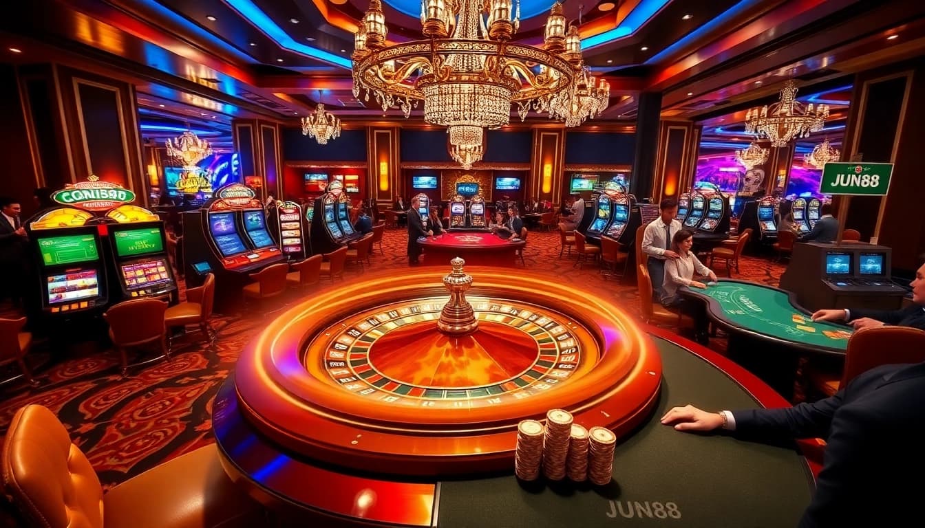 Players revel in the excitement at Jun88's luxurious casino, focusing on roulette and slot machines.