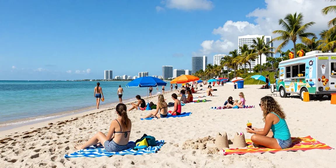 Pengunjung menikmati suasana pantai Miami di https://miami4d.com/ dengan aktivitas berjemur dan bermain voli.