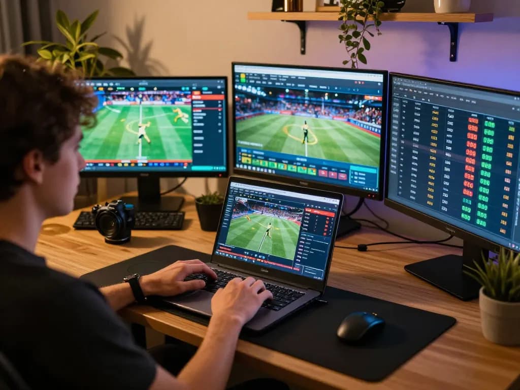 Engaging in online sports betting on bem88 with multiple screens and a cozy atmosphere