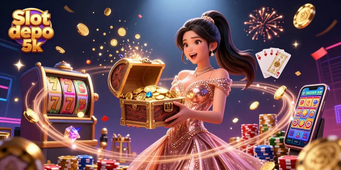 Spin into action at Slot depo 5k, showcasing exciting treasure chest overflowing with golden coins and colorful gems.