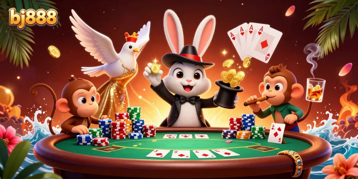 Experience thrilling moments at bj888 with a magician rabbit pulling coins and poker action.