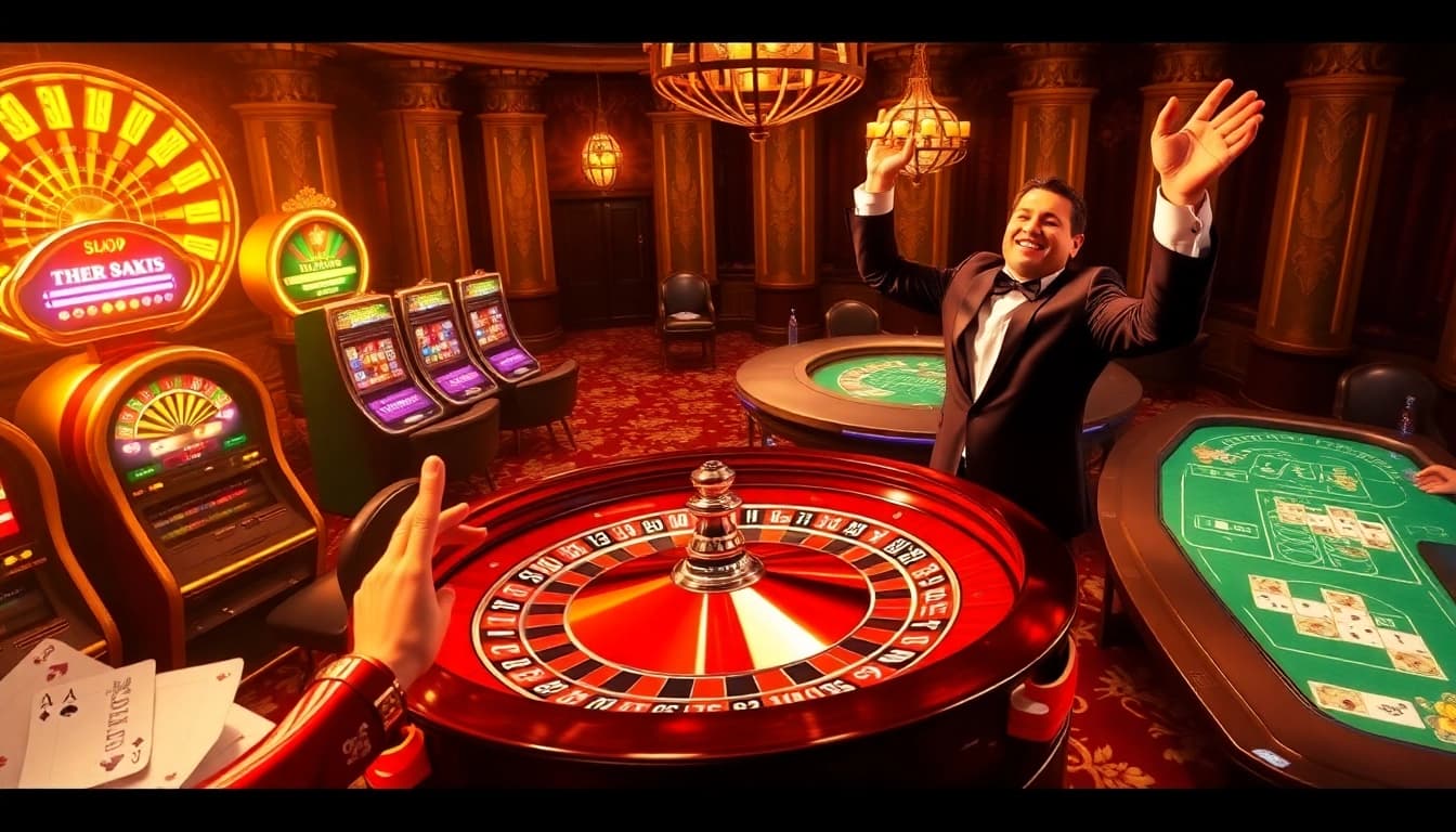 Casino scene with roulette, poker, and GO8 betting slips celebrating winning moments.