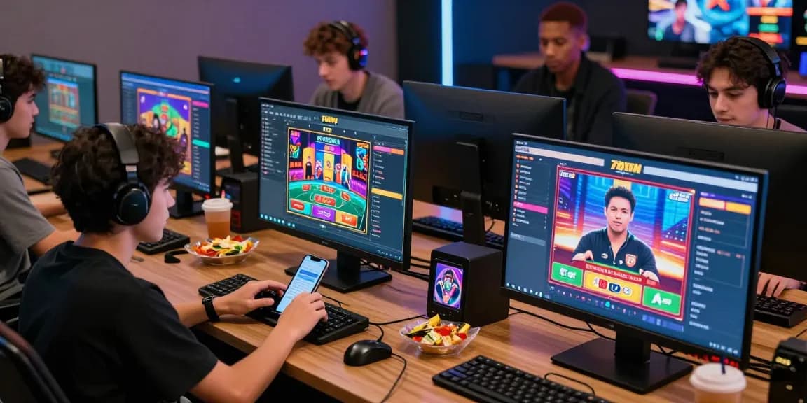 78win online gaming scene with diverse players enjoying casino games and sports betting.