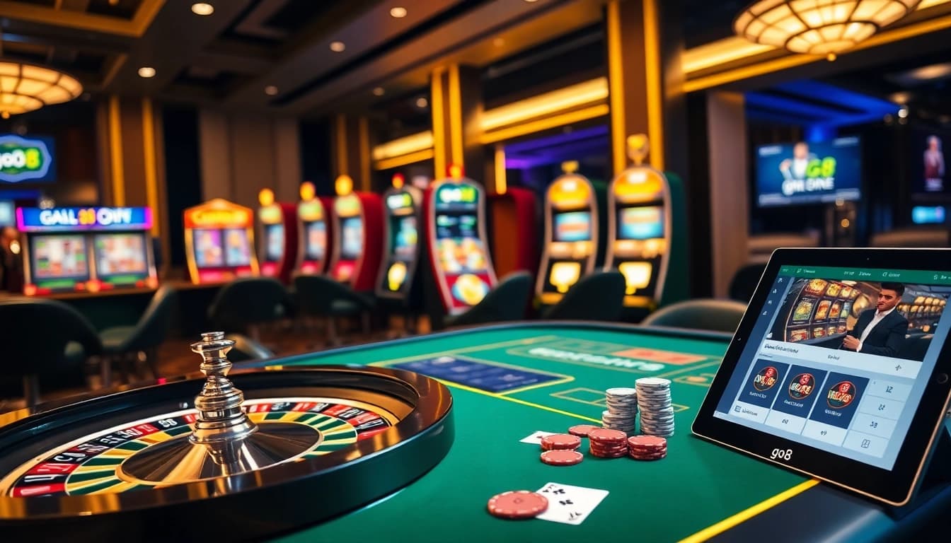 Experience thrilling gambling action at go8's professional casino table with roulette and poker elements.