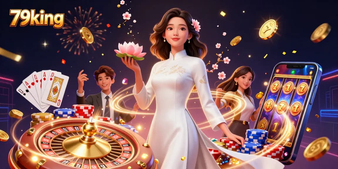 Engage with 79king in a vibrant casino scene featuring lively characters, slot machines, and winning moments.