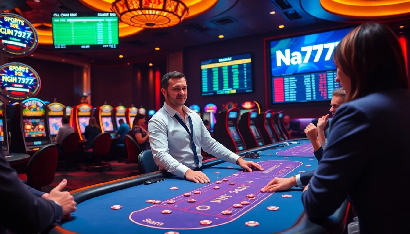 Professional dealer engaging players at Na777's live blackjack table with vibrant casino ambiance.