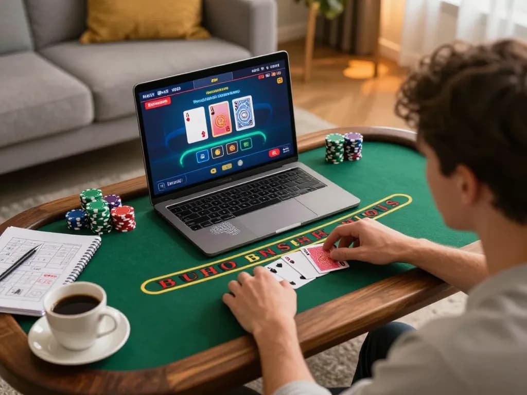 Engaging in Go88 live dealer baccarat, showcasing a friendly home gaming setup with strategy notes and warm ambiance.