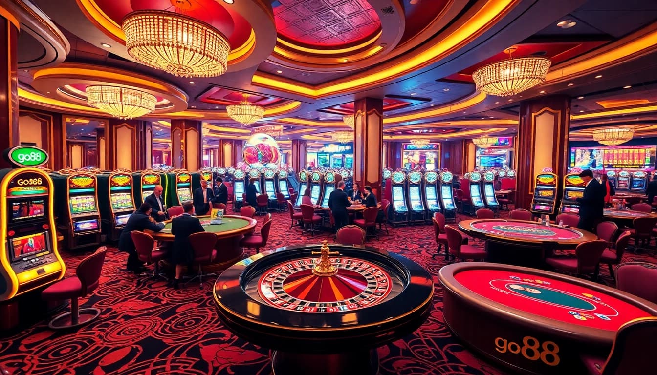 Experience thrilling gameplay at go88's vibrant casino tables, featuring roulette and poker action.