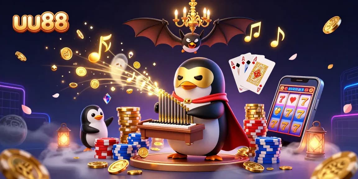 Experience excitement with uu88 as the penguin plays an organ, showering coins in a vibrant casino scene.