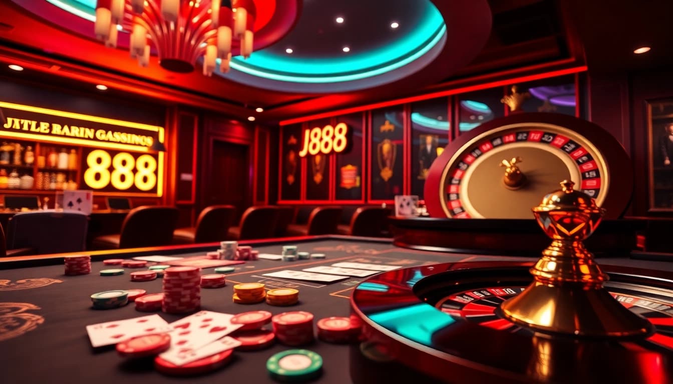 Engaging gamblers at an elegant J88 casino table with cards and chips.