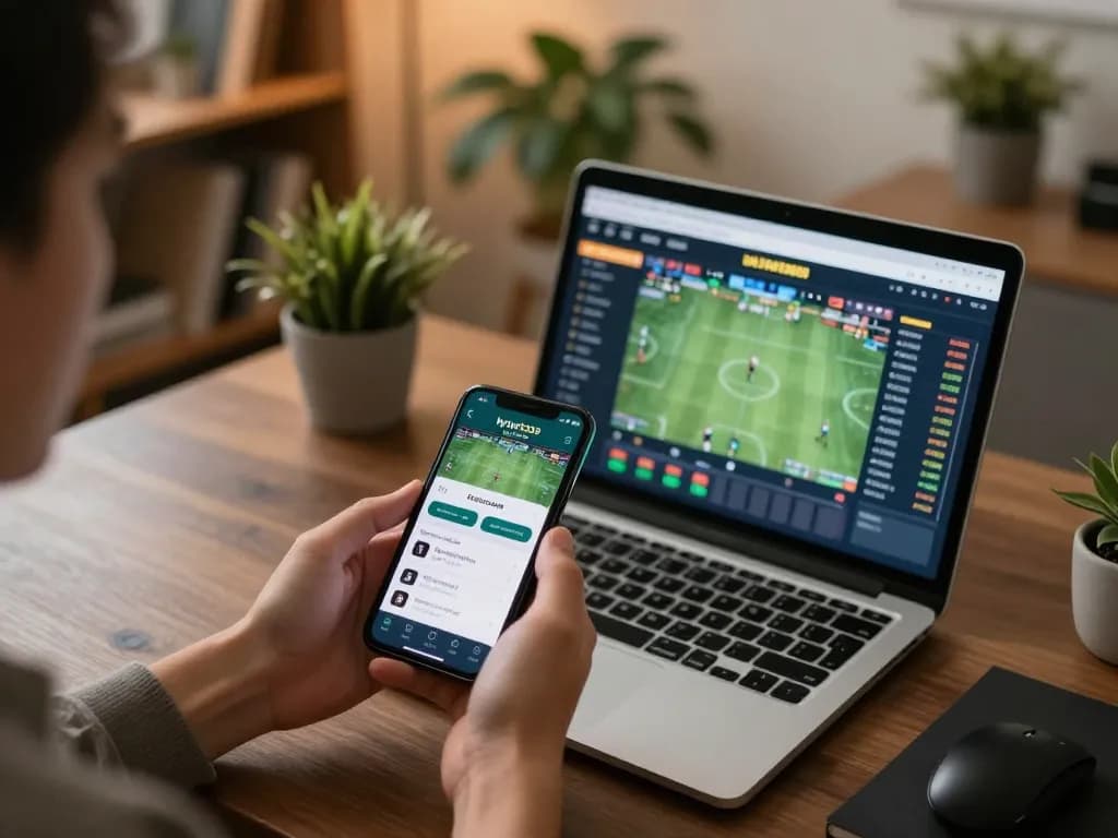 Engaging online sports betting on hytw3339 com with smartphone showing live odds in a modern home.
