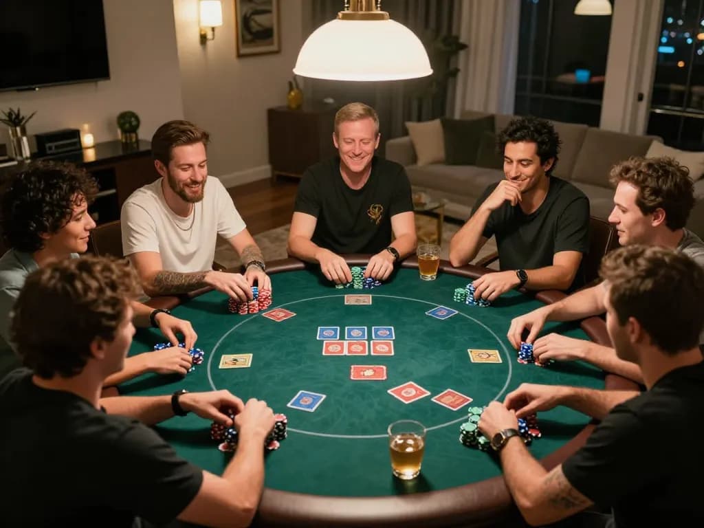 Players enjoying a poker night at home, showcasing the social aspects of gambling and situs smartcityhostels.
