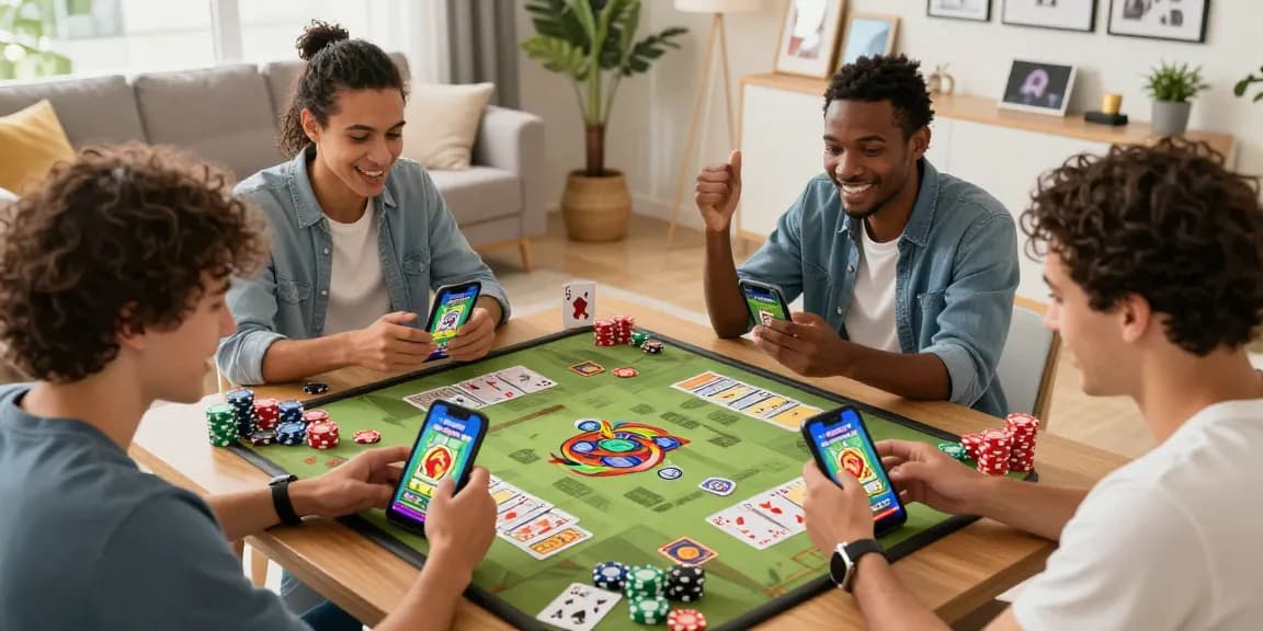 Players enjoying earning games on Card Rummy app in a cozy living room, celebrating with chips and cards.