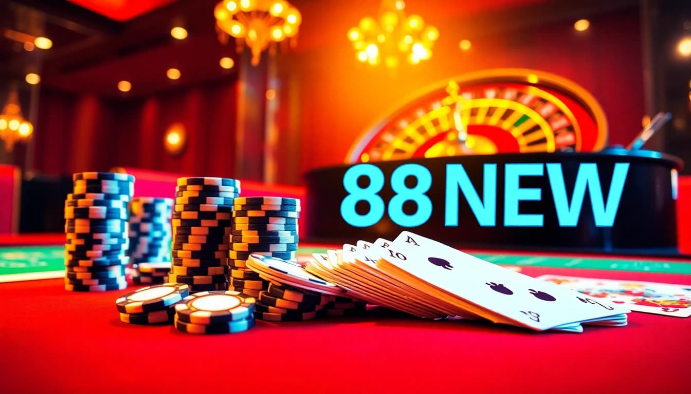 A lively casino scene featuring poker chips and cards branded with 888NEW, representing thrilling gaming.