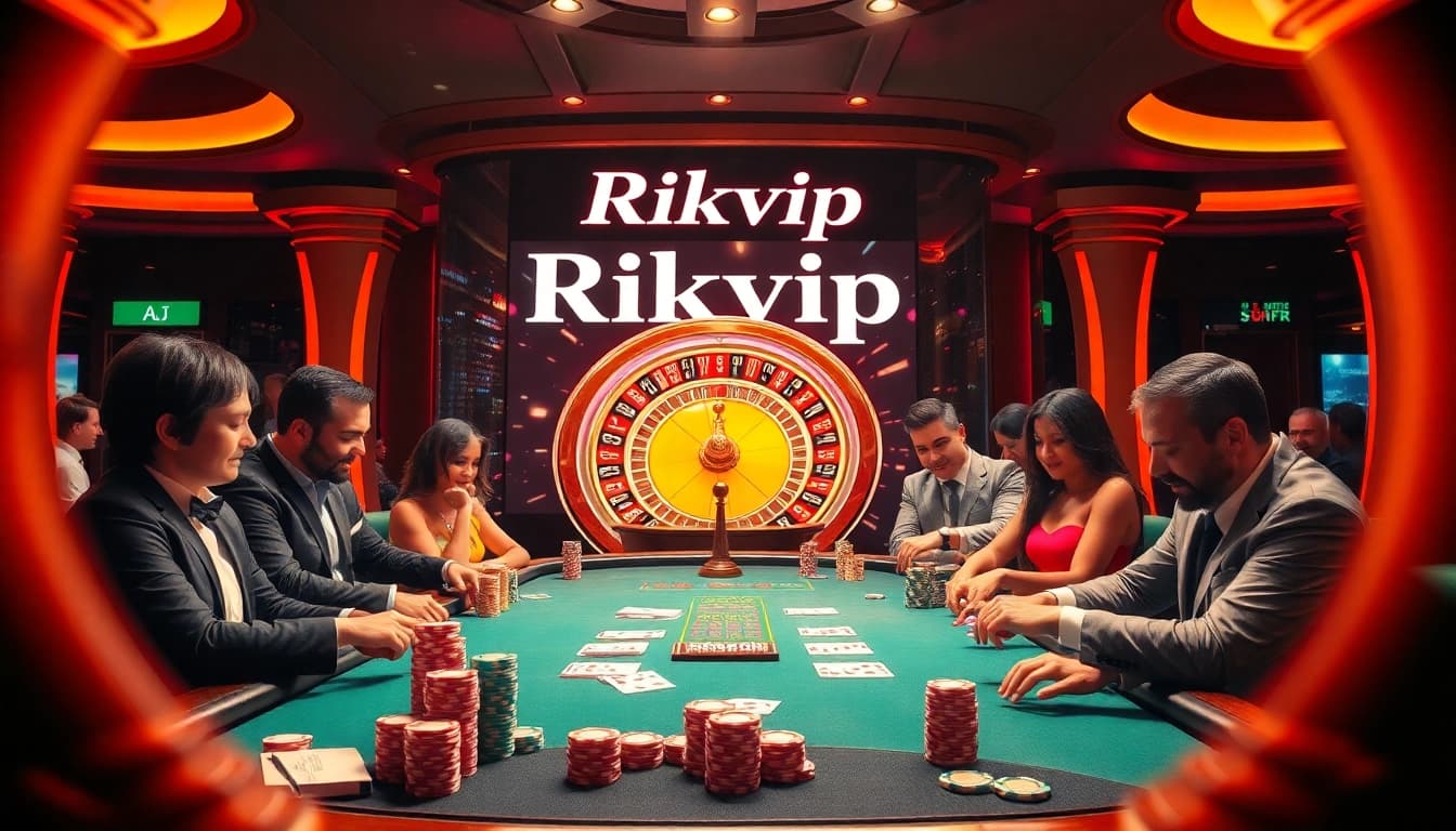 Players engaging in a thrilling poker game at Rikvip's vibrant casino, surrounded by chips and cards.