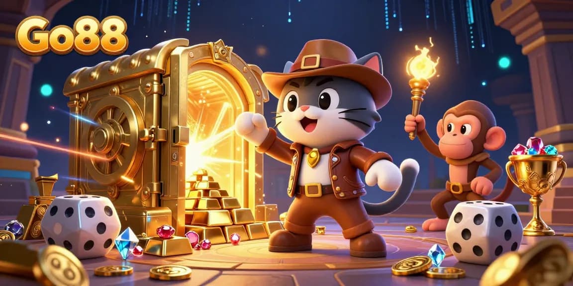 Explore the vibrant Go88 casino adventure with a cat archaeologist uncovering treasures.