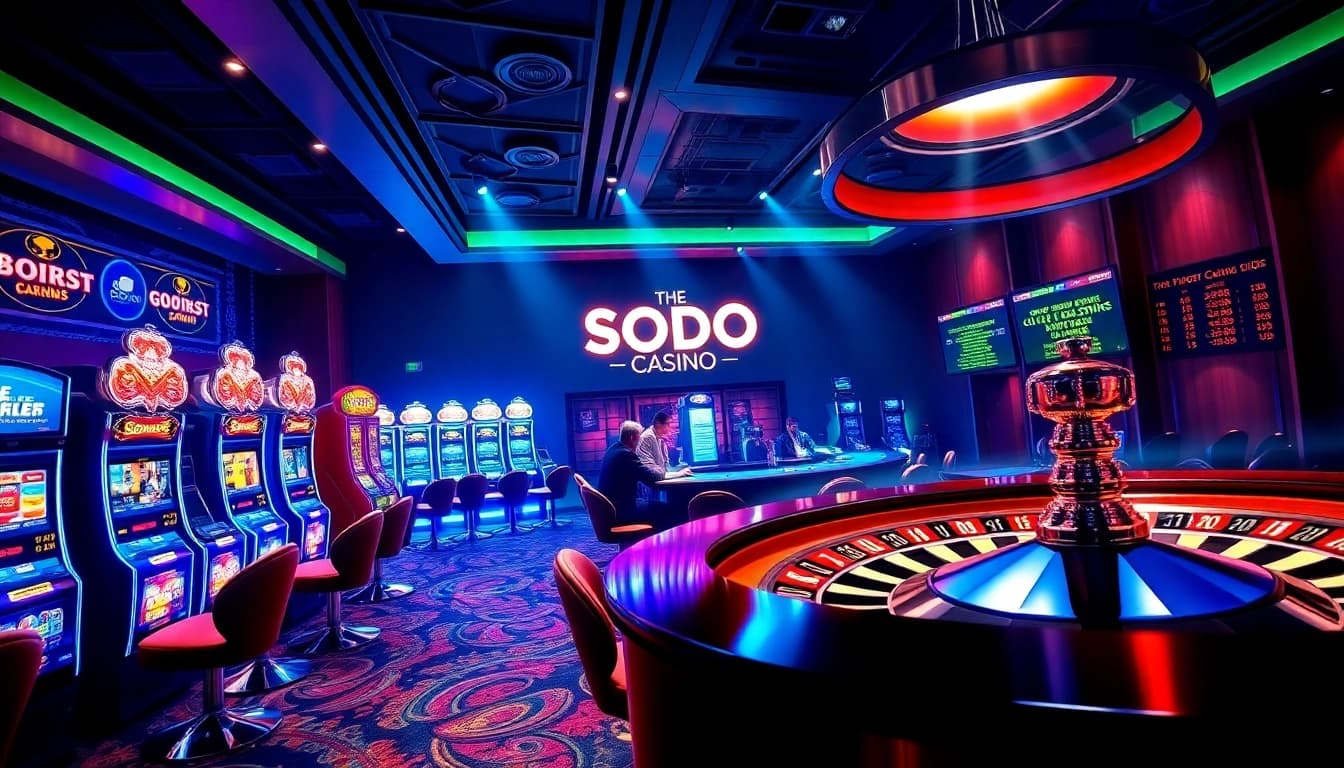 SODO Casino scene featuring vibrant slot machines and a lively poker table in action.
