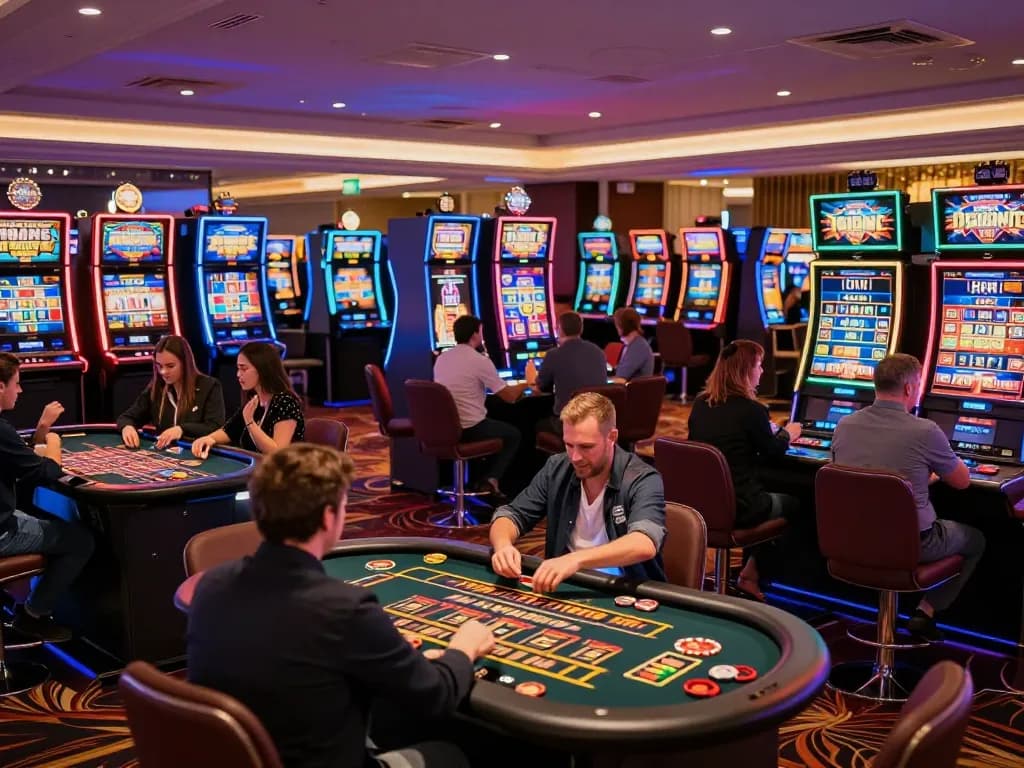 Players spinning reels at 78win casino, celebrating wins in a vibrant slot machine area.