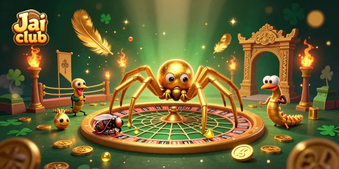 Engage with Jai club's thrilling gameplay as a golden spider spins a roulette web, showcasing vibrant betting action.