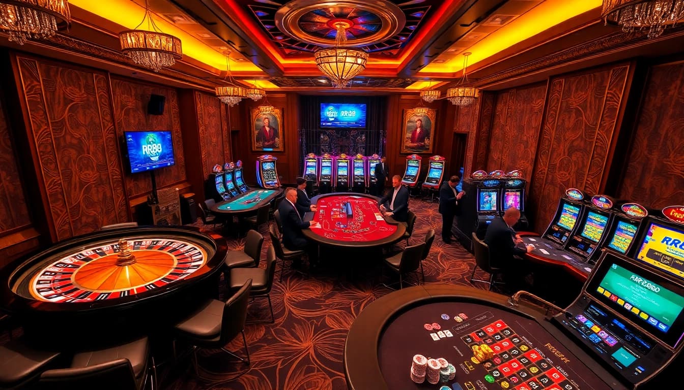 RR88 players betting at an exciting luxurious casino table with vibrant chips and roulette wheels.