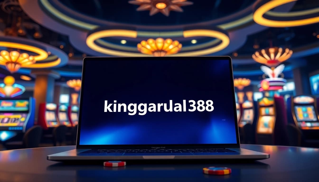 Experience the excitement of kinggaruda138 with a vibrant online casino atmosphere showcasing high-tech gaming elements and poker chips.