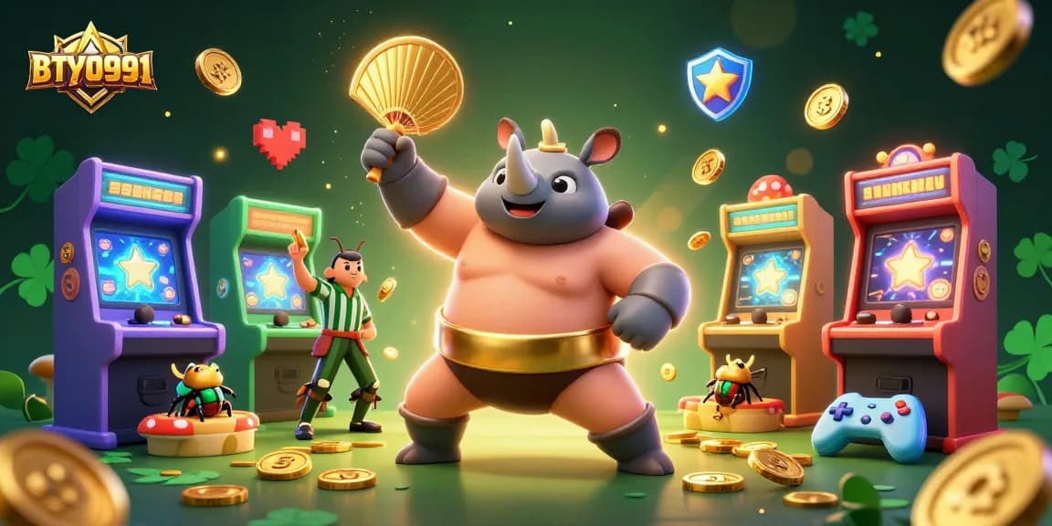 Experience the thrilling BTY0991 in a vibrant 3D casino scene with dynamic characters and gaming elements.
