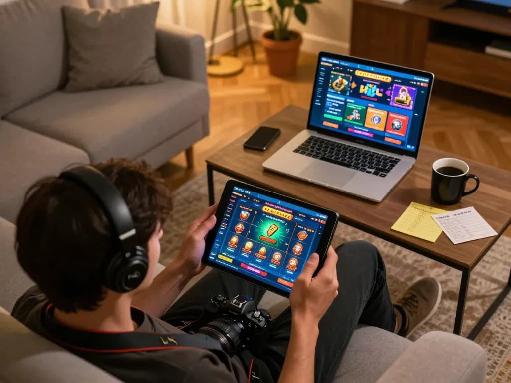 Engaging in kdslot online gaming on a tablet in a cozy home setting with warm lighting
