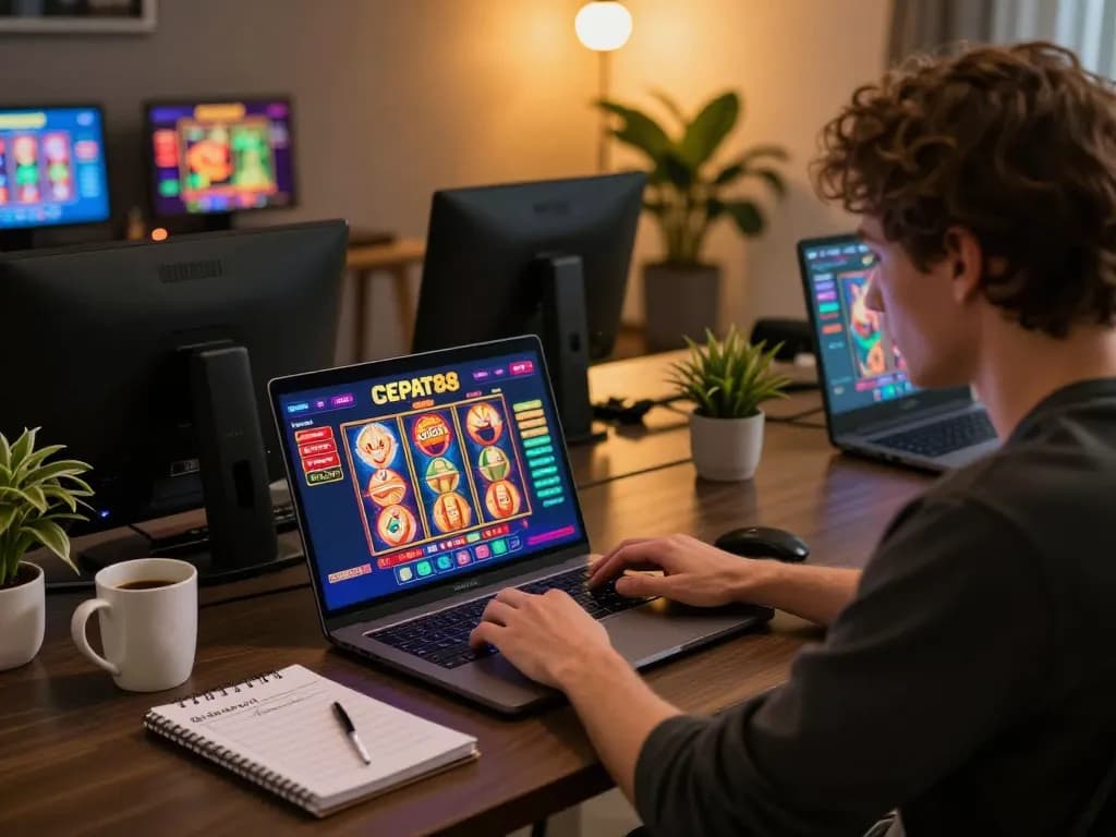 Orang yang terlibat dengan permainan kasino online CEPAT88 di laptop di lingkungan rumah yang nyaman