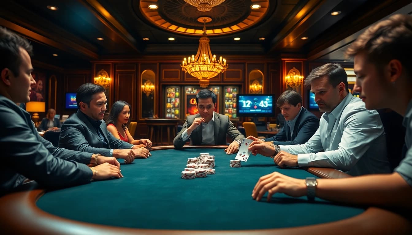 kuwin poker players enjoying high stakes excitement in a luxurious casino scene