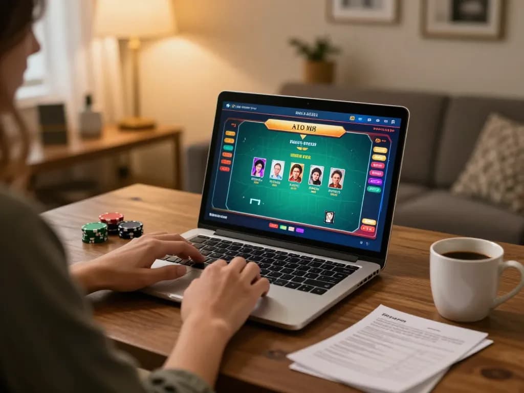Playing live dealer poker on a laptop at home, showcasing 123bmvp's engaging online gaming experience.