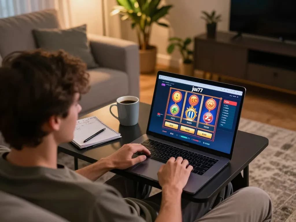 Pemain yang terlibat dengan permainan slot online jus77 di suasana rumah yang nyaman