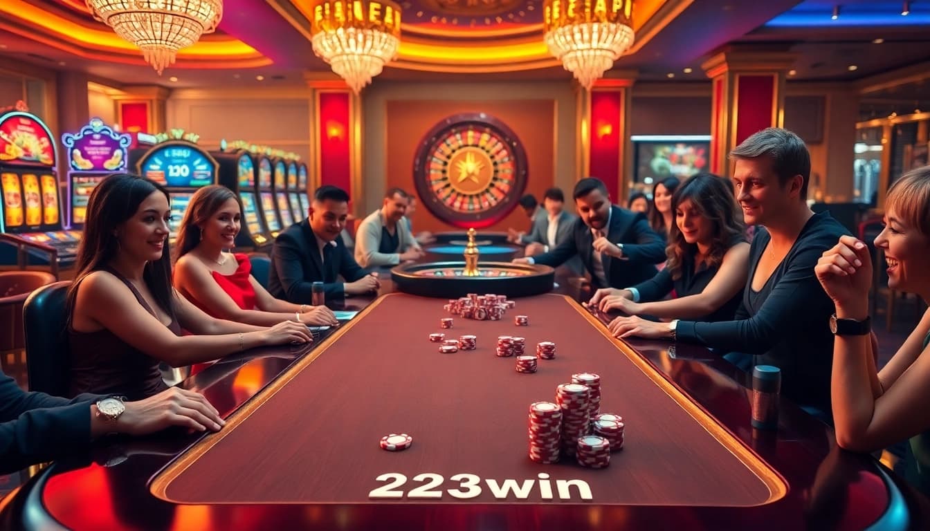 Vibrant casino scene inviting thrilling poker action at 123win, showcasing luxury and excitement.
