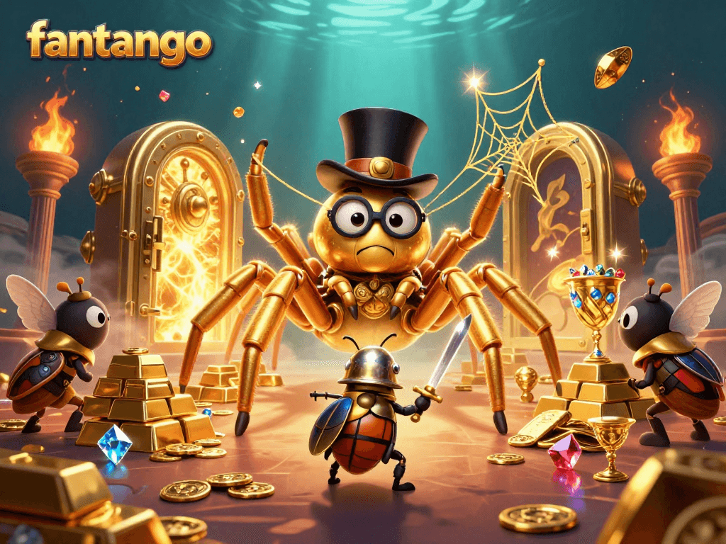 Join the adventure in fantango as a brave beetle knight battles a golden tarantula in a vibrant casino