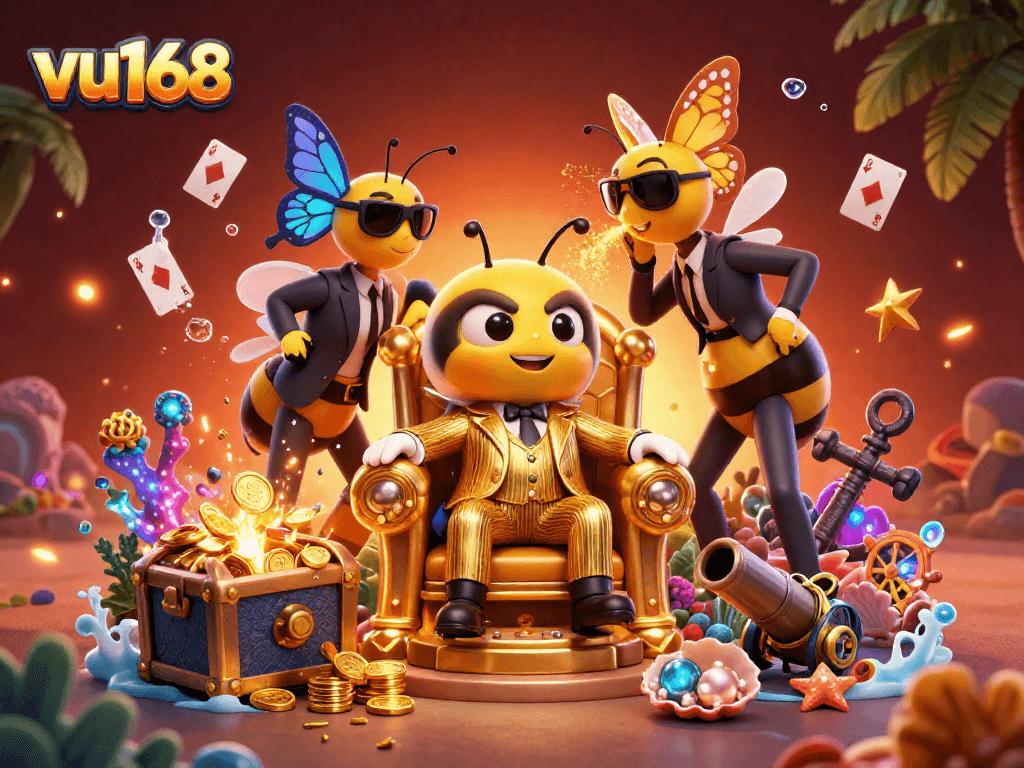Experience the vibrant casino magic of vu168 with a dynamic 3D cartoon scene featuring a bumblebee boss and treasure elements.