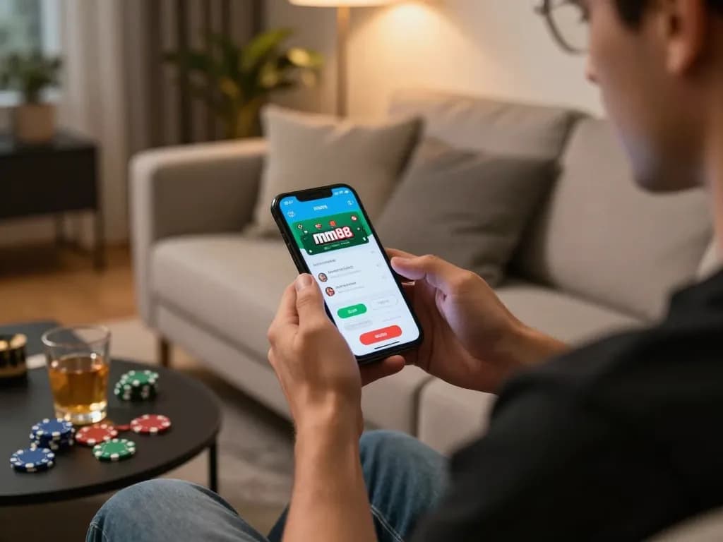 Engaged player using mm88 casino app on smartphone, surrounded by poker chips in cozy home environment