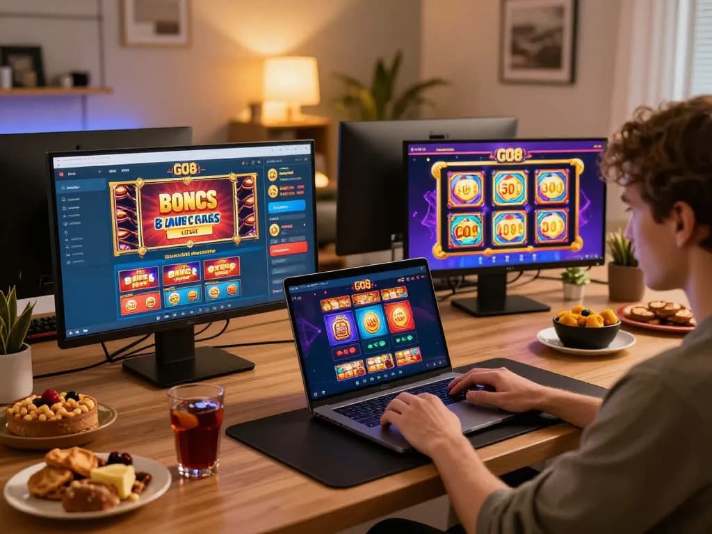 Engaging view of a player accessing go8 online casino, showcasing vibrant games on multiple screens.
