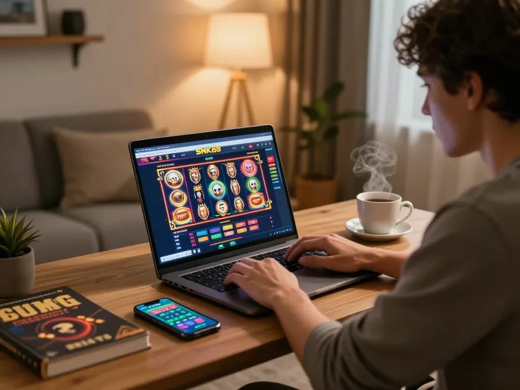 Engaging online player using snk88 app for immersive gambling experience at home.