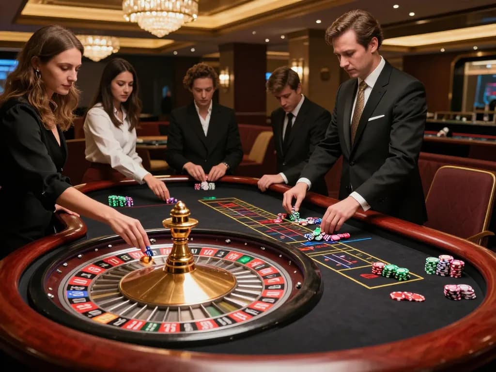 Engage with FB88 roulette table gameplay at an upscale casino, capturing the excitement of betting