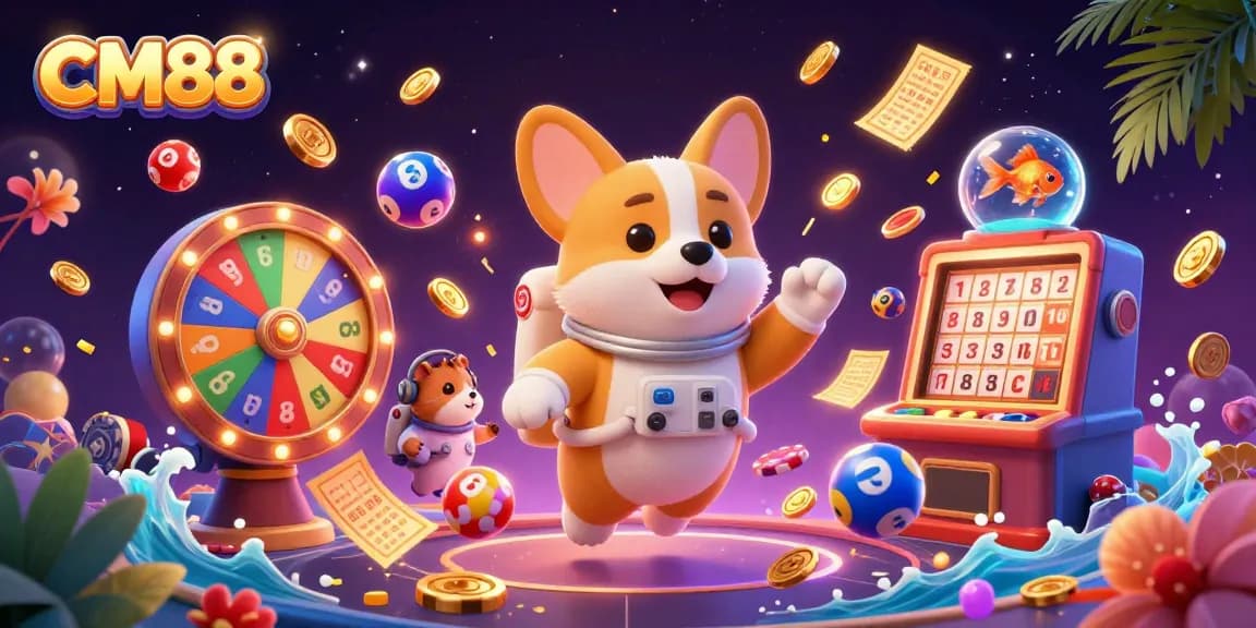 Experience the excitement of CM88 as a cartoon astronaut corgi plays in a floating casino with vibrant prizes.