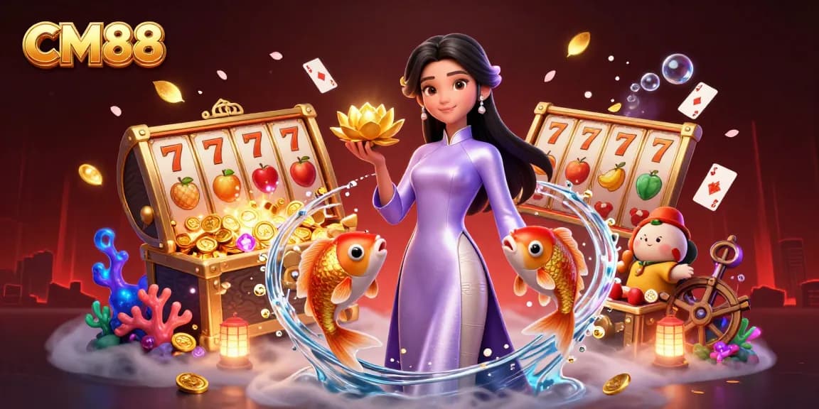 Experience thrilling gameplay with CM88 as our elegant woman showcases golden koi and vibrant casino elements.