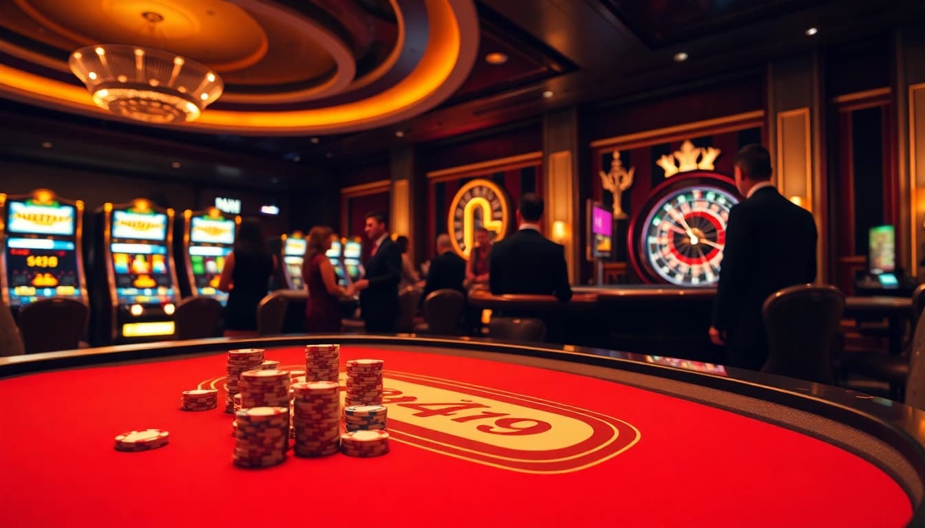 Players at NEO79 casino engaging in exciting games with vibrant atmosphere and luxury.