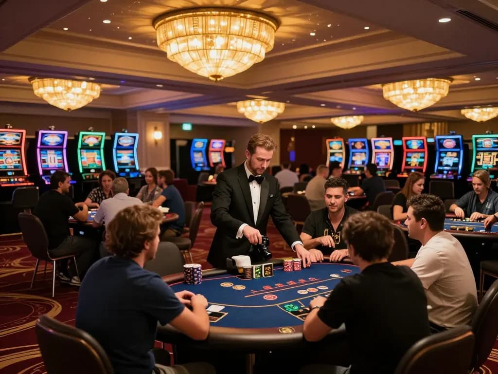 Players engaging in high-stakes poker at 98win, enjoying luxurious casino ambiance.
