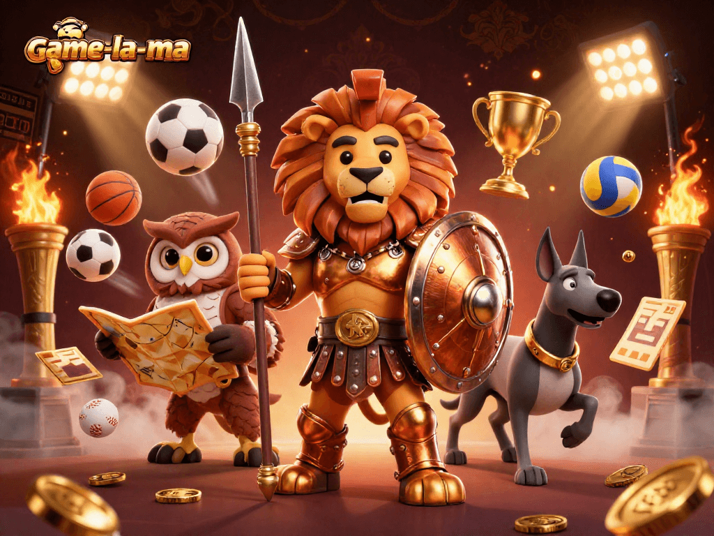 Experience game-la-ma with a dynamic 3D illustration of a Spartan lion, owl strategist, and greyhound amidst sports betting elements.