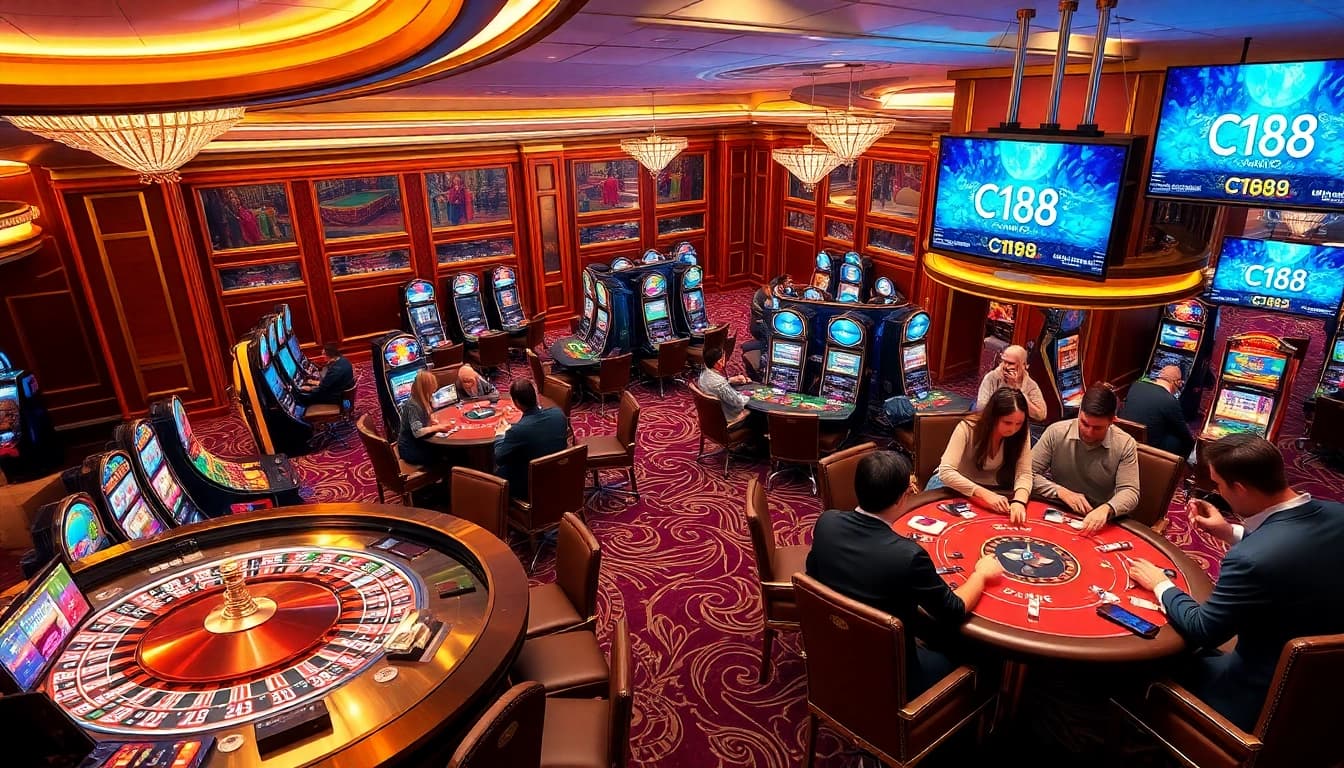 C168 Casino Adventure: Players engaged in thrilling gaming environments with roulette and poker tables.