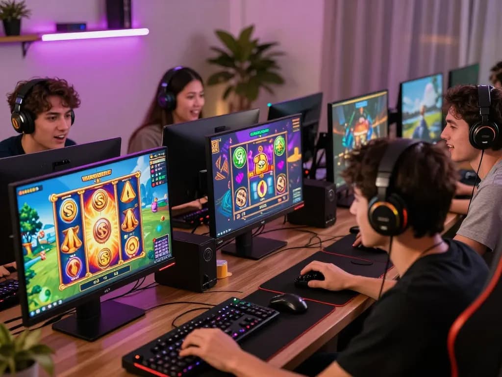 Excited gamers enjoying slot gacor games in a vibrant online setup