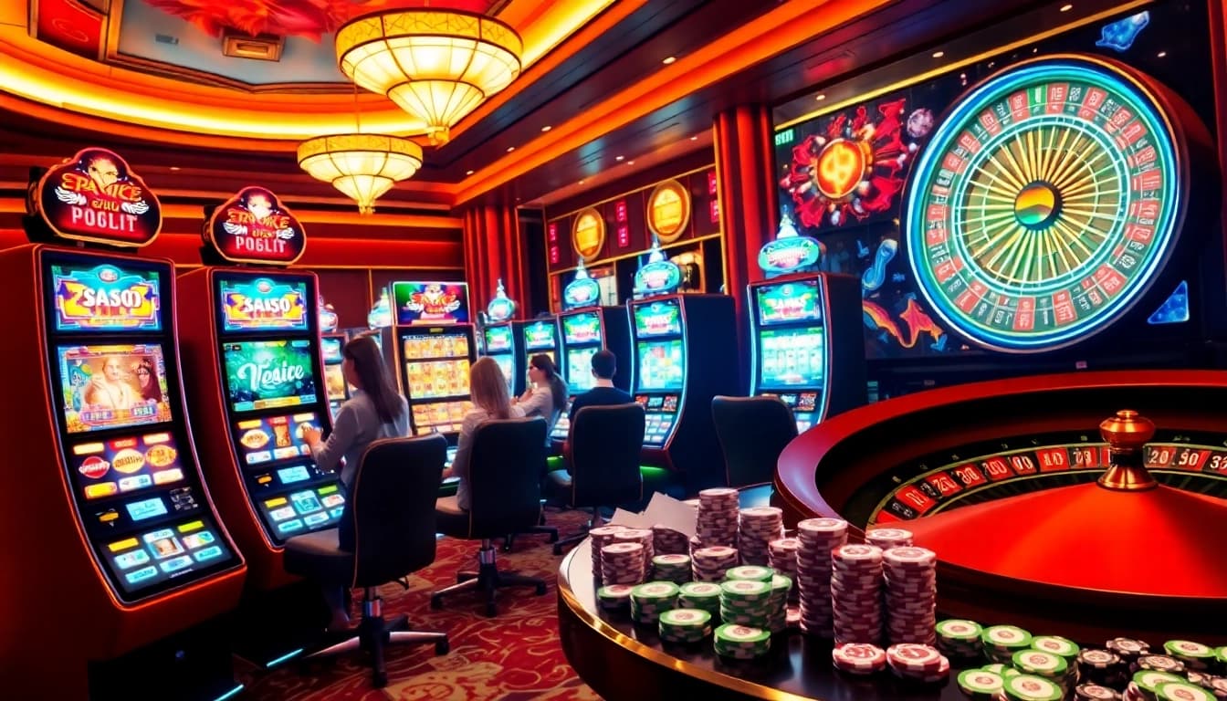 Players enjoying slot online gacor machines in a lively casino atmosphere filled with excitement.