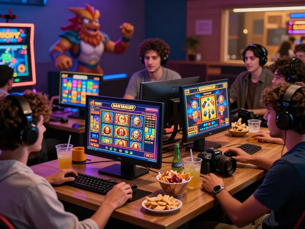 Friends enjoying Barcaslot digital slot games during a lively game night.