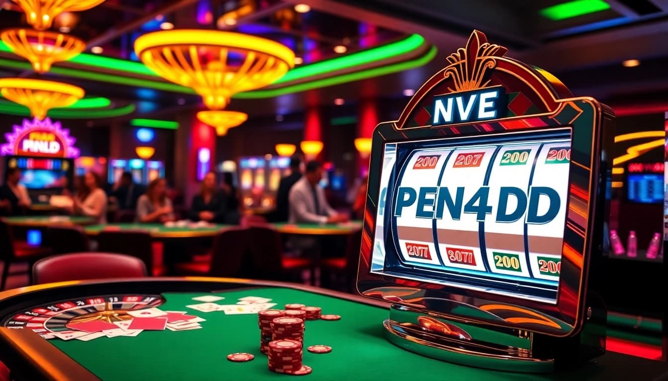 Experience the excitement of PEN4D with vibrant slot machines and enthusiastic players in a luxurious casino.