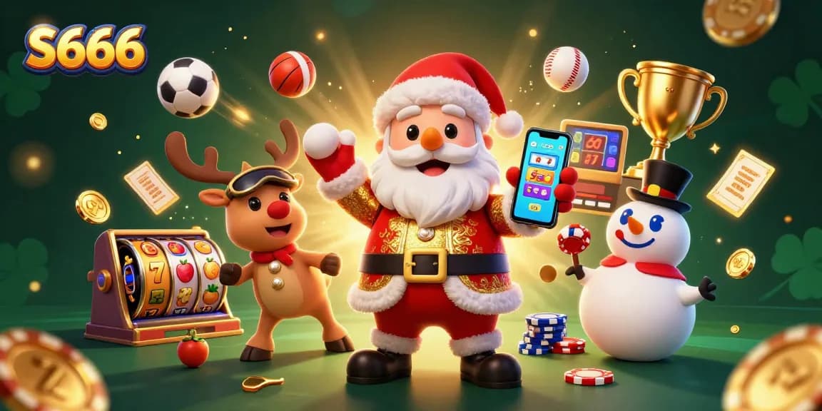 Experience thrilling slots and jackpots with S666 in a vibrant casino scene with Santa and friends.